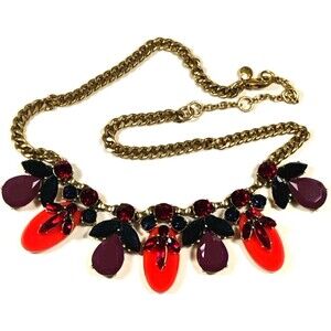 Statement Bib Necklace Red Purple Black Gemstones Chunky Gold Chain Vintage